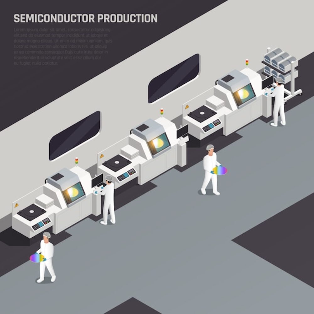 具有可编辑文本的Ssemiconductor芯片生产等距组合和具有工人特征的高科技制造向量例证